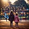 Brother and sister, two lonely lost children on a playground in the evening, generated by AI