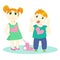 Brother and sister. Vector illustration of two small children. Each object is separately layered and grouped.