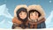 Brother and sister in a warm Eskimo fur jacket and hood close-up against the backdrop of winter mountains