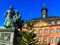 Brothers Grimm looking down at the Christmas market in Hanau, Germany