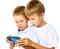 Brothers playing handheld game console