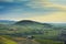 Brouilly hill and vineyards with morning lights in Beaujolais land, France