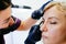 Brow Artist Styling And Plucking Woman`s Brows In Beauty Salon. Selective Focus, Empty Space