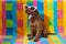 brown adorable Irish Setter puppy yawns in sunglasses. photo shoot on a multicolored background