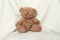 Brown baby teddy bear on a white soft blanket