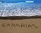 Brown beach sand with written word Canarias