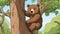 A brown bear climbing a tree