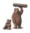 Brown bear and cub bear carry wood