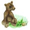 Brown bear cub sitting on grass, hand drawn watercolor