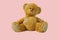 Brown bear doll has patches isolated on pink