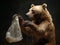 Brown bear fighting with a plastic bag