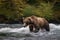 Brown Bear Fishing For Salmon In A Rushing River. Generative AI