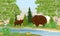 Brown bear and her little bear by the river. River bank with grass, birch trees, fir trees and bushes