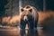 Brown bear hunting in water, predator, Generative AI