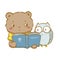 The brown bear and the little snowy owl read a book together. Digital art illustration for children and pets advertising