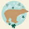 Brown bear in maple forest on blue background.