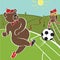 Brown bear plays football. Cartoon humorous illustration