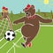 Brown bear plays football. Cartoon humorous illustration