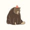 Brown bear in a red hat with pompom. Vector illustration