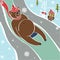 Brown bear is rolling on sleds .Humorous illustrat