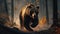 The brown bear's majestic presence amidst the burning forest is a testament to its strength