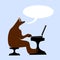 Brown bear sitting on a chair at a table and writes to a laptop and talking.