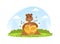 Brown Bear Sitting on Green Lawn and Holding Beehive of Heart Shape, Bees Flying around Him, Cute Wild Animal on Summer