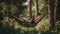 A brown bear sitting in a hammock in a forest. AI generative image.