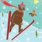 Brown bear ski jumping. Humorous illustration