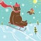 Brown bear sledding in nature.Humor illustration