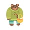 Brown Bear In Sweater With Wicker Basket, Forest Animal Dressed In Human Clothes Smiling Cartoon Character