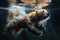 Brown bear swims in the water and splashes of water