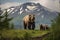 Brown Bear and Two Cubs against a Forest and Mountain Backdrop at Katmai National Park, Alaska