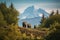 Brown Bear and Two Cubs against a Forest and Mountain Backdrop at Katmai National Park, Alaska