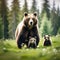 Brown Bear (Ursus arctos) Mother with Two Cubs on Green Meadow - Wide Panoramic Banner with Copy Space