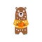 Brown Bear In Yellow Sweater Holding Apple In Autumn Standing Upright Humanized Animal Character Illustration In Funky