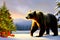 Brown bears with human expressions celebrating Christmas in icy December by a Christmas tree illuminated with golden Christmas