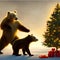 Brown bears with human expressions celebrating Christmas in icy December by a Christmas tree illuminated with golden Christmas