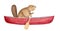 Brown beaver character in blank red canoe, rowing with wood paddle.