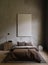 Brown bed in a dark bedroom the bright light from eternal light, carpet,books,pillow Interior loft with concrete walls ,3d renderi