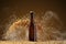 Brown beer bottle with reflections on a  smoke umber  background with heavily scattering wheat grains