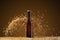 Brown beer bottle with reflections on a  studio umber  background with heavily scattering wheat grains