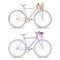 Brown bicycle with baguette and whip in a basket. Lilac bike with lavender in a basket and a hat. Illustration in flat style