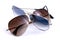 Brown and blue aviator sunglasses on white