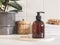 Brown bottle mockup for bathing products in bathroom