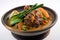 A brown bowl filled with meat and vegetables. Generative AI image. Philippines food Philippines food