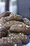 Brown bread cereals outdoor on the blue table