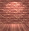 Brown brick wall with wooden floor, empty room interior with light