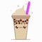 Brown bubble milk tea ads with delicious tapioca black pearls. Cute bubble tea kawaii smiled character. Taiwanese famous
