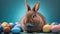 A brown bunny with multicolor Easter eggs, a colored blue background, generative AI